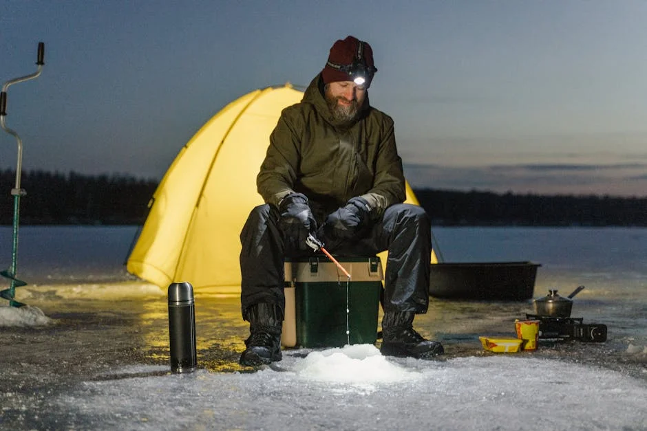 Winter camping tent set up on frozen lake with ice fishing during sub-zero night