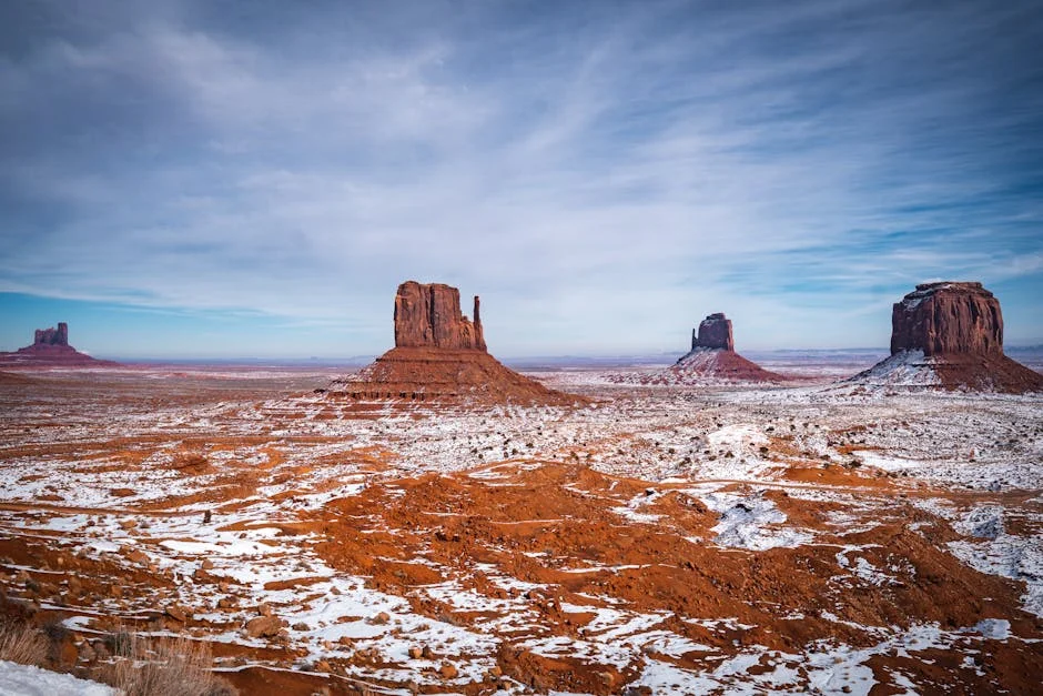 Winter buttes with snow covering the dramatic landscape
