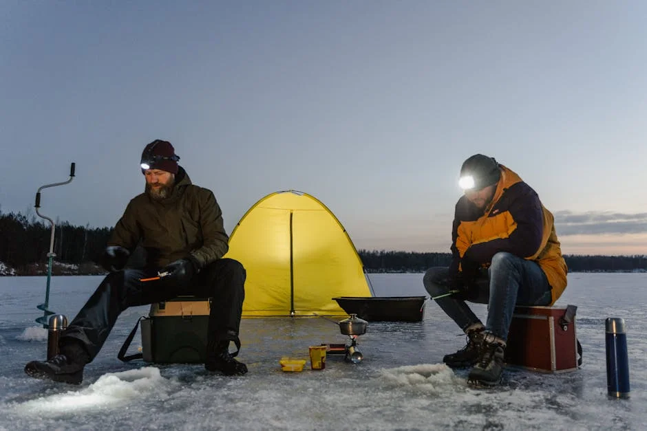 Two campers ice fishing beside tent on frozen lake at dusk wearing headlamps
