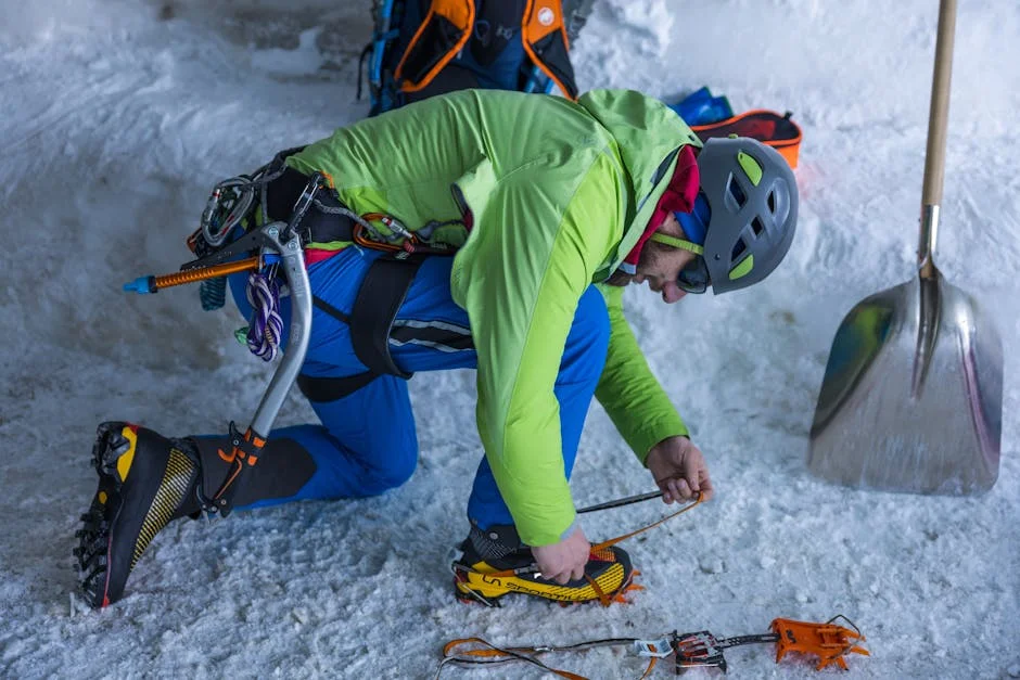 Climber adjusting crampons demonstrating essential winter hiking gear preparation