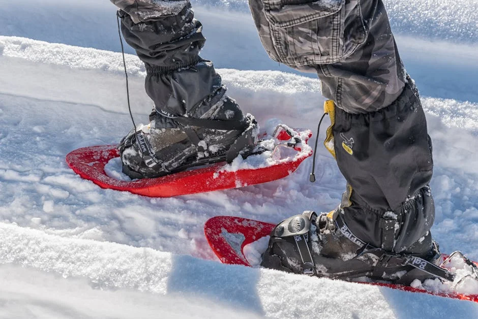 Close-up view of modern snowshoes on a snowy trail with fresh powder