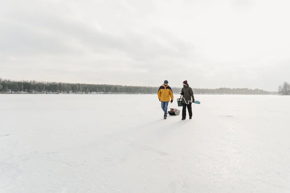 Winter hikers walking across frozen Lake Superior with trekking poles near Apostle Islands