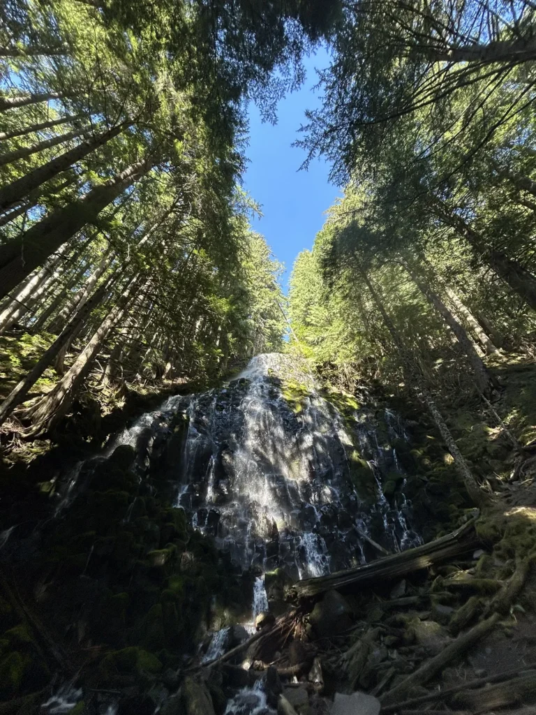 Winter camping Crater Lake - hiking through snow-covered forest with mountains in background