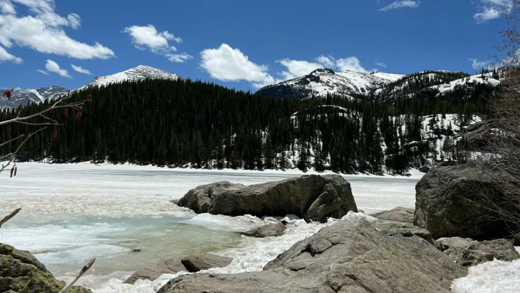 Snowshoeing Rocky Mountain National Park - snowy mountain with frozen lake in winter landscape