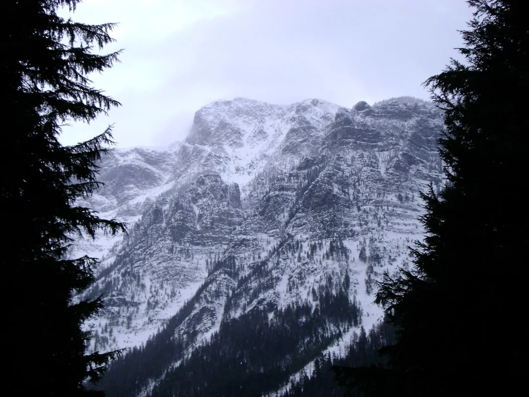 Winter hiking Continental Divide Trail in the Rocky Mountains - snow-covered peaks near Marias Pass