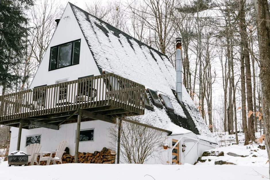 Winter photography in Green Mountains Vermont - A-frame cabin surrounded by snow-covered forest near Stowe