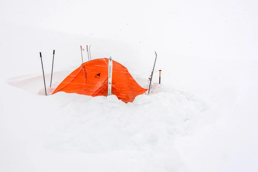Frozen tent with frost and ice in extreme cold camping conditions