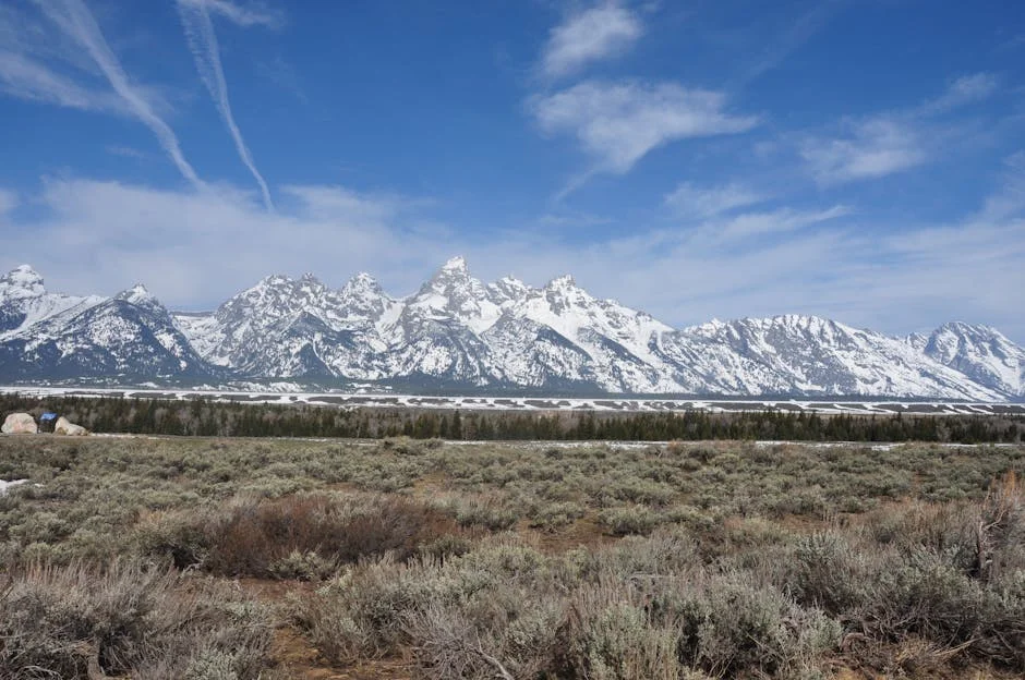 Stunning view of snowcapped Teton Range in Jackson Wyoming winter landscape