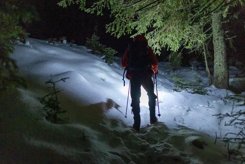 Hiker with poles walking through snowy forest trail at night
