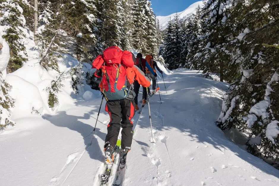 Winter hiking trail through Colorado mountains with snowy peaks in background