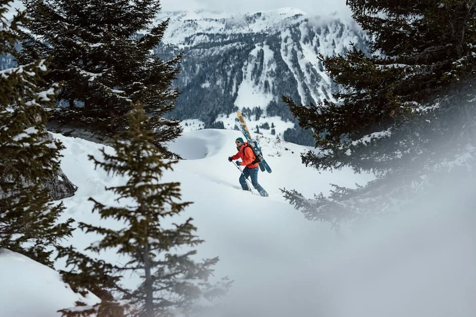 Solo hiker with ski gear on snowy mountain surrounded by evergreen trees