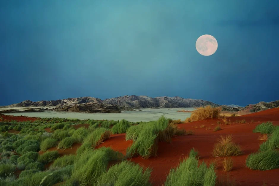 Moonlit desert and canyon landscape with mountain views