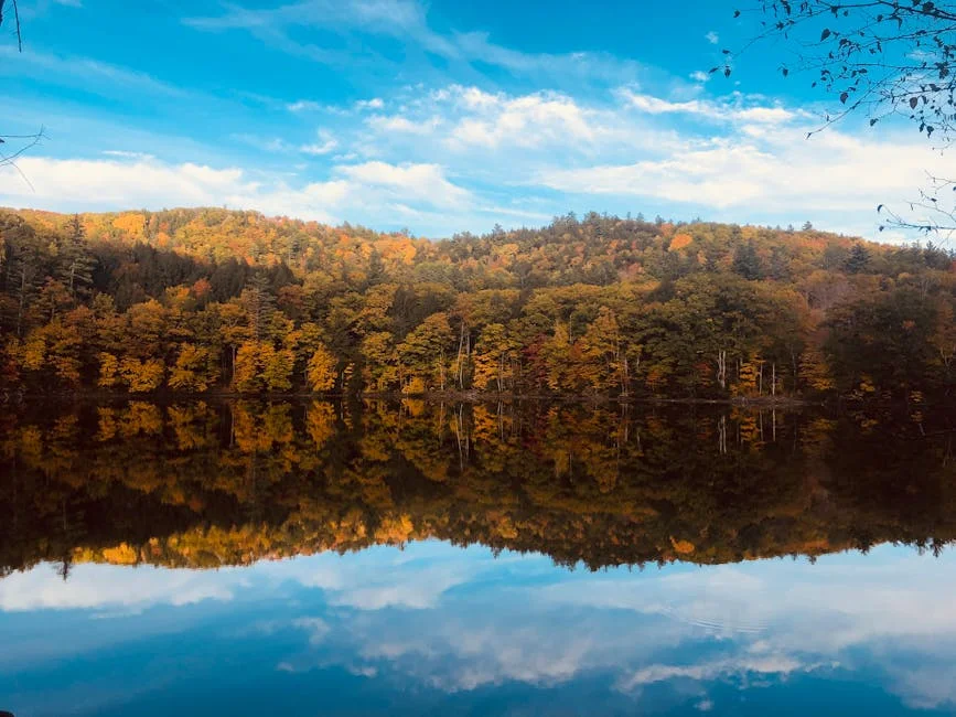 Beautiful autumn foliage reflected in a tranquil lake under blue skies in Vermont