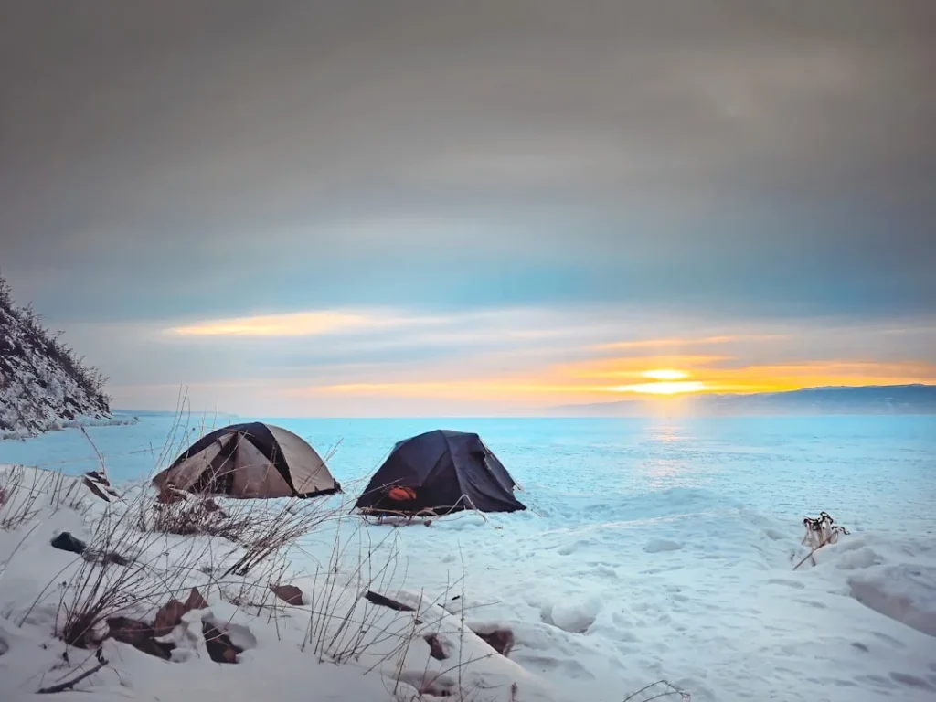 Coldest camping night San Juan Islands - winter tent in snow at extreme temperatures