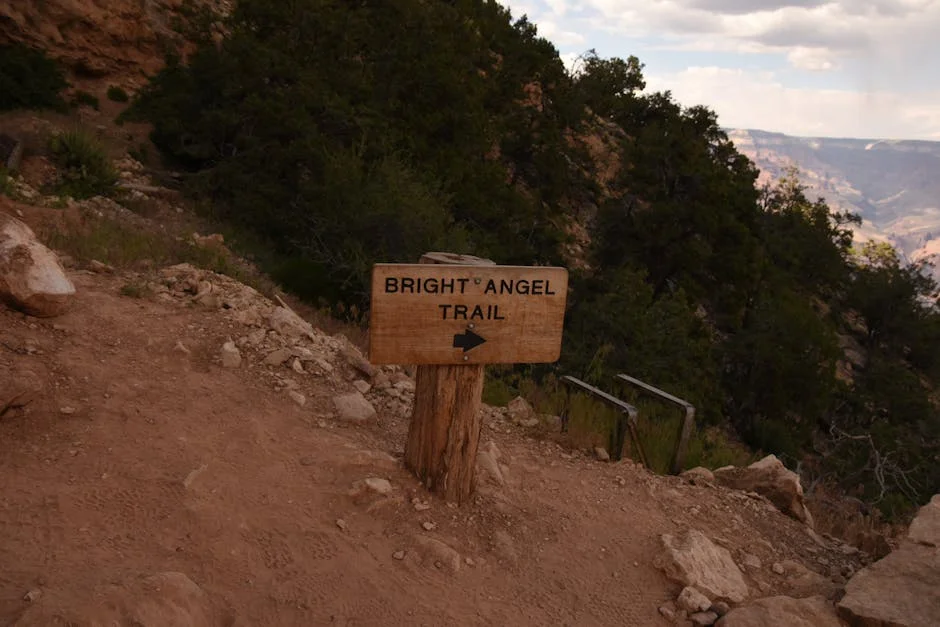 Bright Angel Trail switchbacks descending into the Grand Canyon with dramatic red rock walls